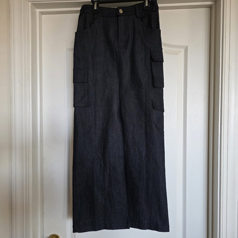 🔥Line & Dot Mora Dark Blue Denim Maxi Skirt with Slit - Picture 7 of 12